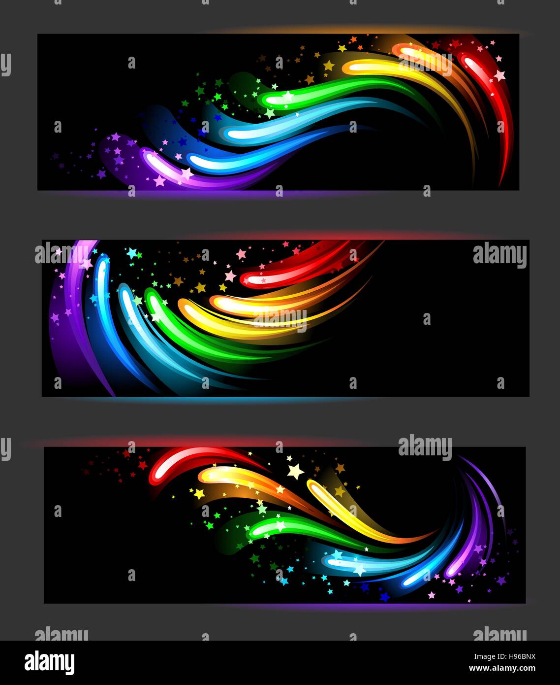 Trois bannières horizontales avec rainbow , abstract, modèle lumineux sur un fond noir. Illustration de Vecteur