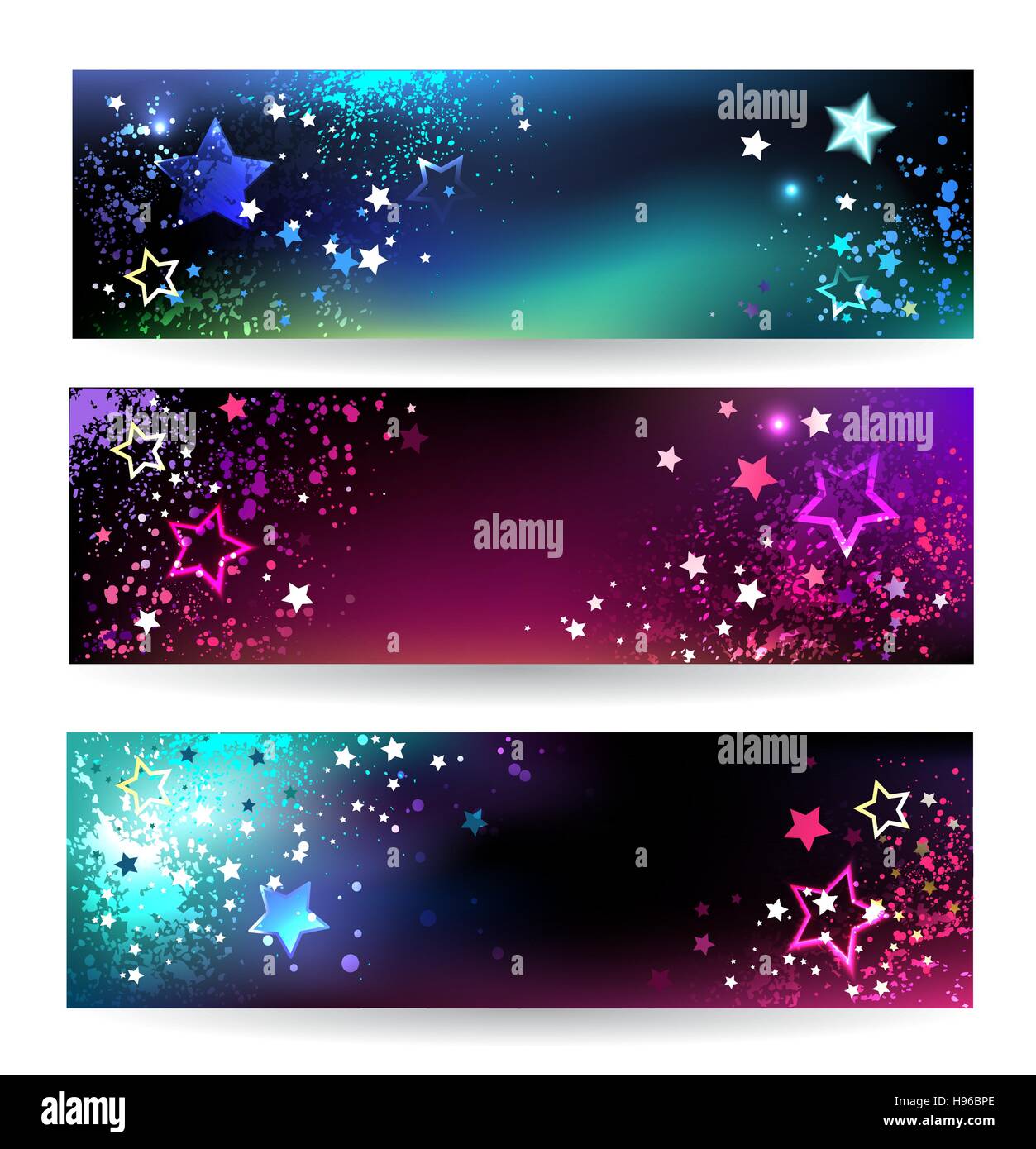 Trois bannières horizontales avec des étoiles brillantes. Illustration de Vecteur