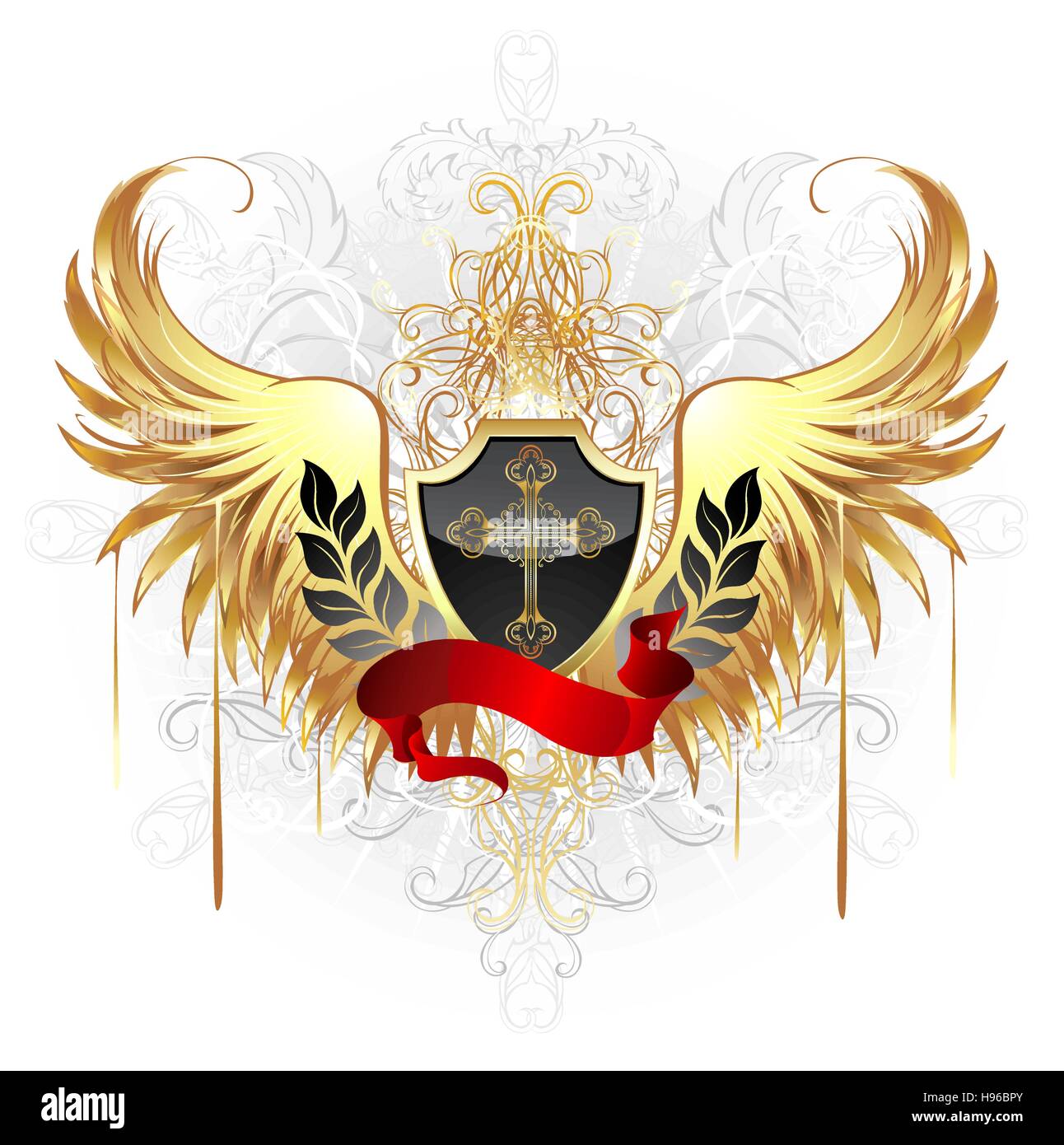 Bouclier noir, orné d'une croix en or, un ruban rouge et or sur un fond blanc. Illustration de Vecteur