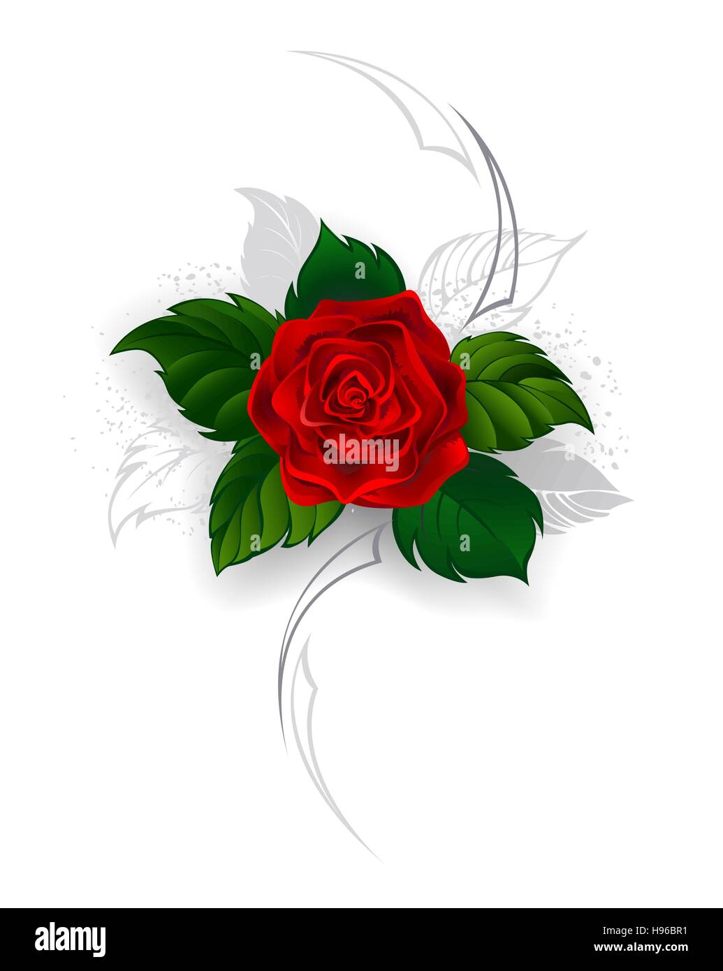 Peint artistiquement, blooming rose rouge avec des feuilles gris dans le style d'un tatouage sur un fond blanc. Illustration de Vecteur