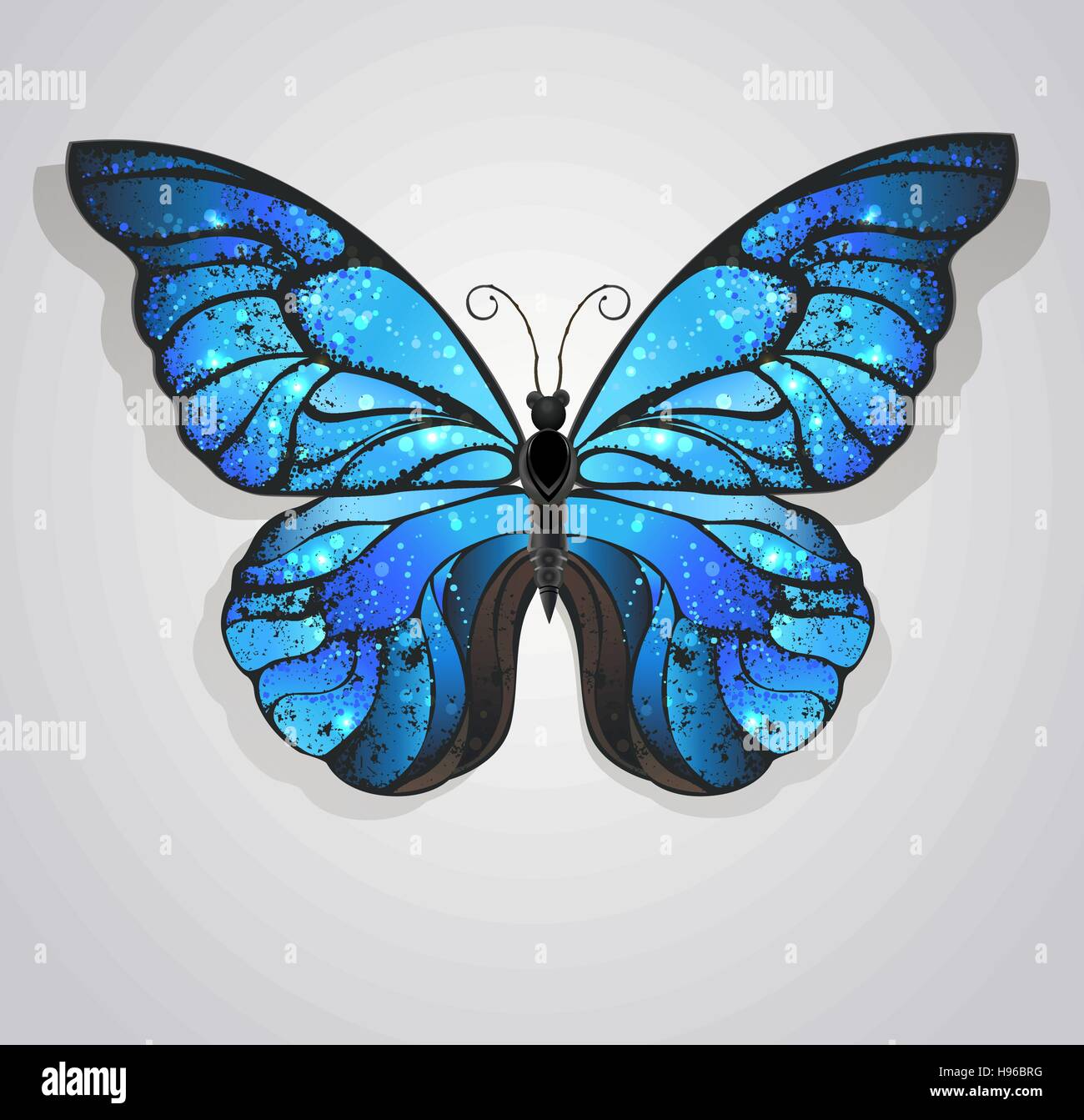 Papillon morpho bleu peint artistiquement texturé avec ailes irisées sur fond clair. Illustration de Vecteur