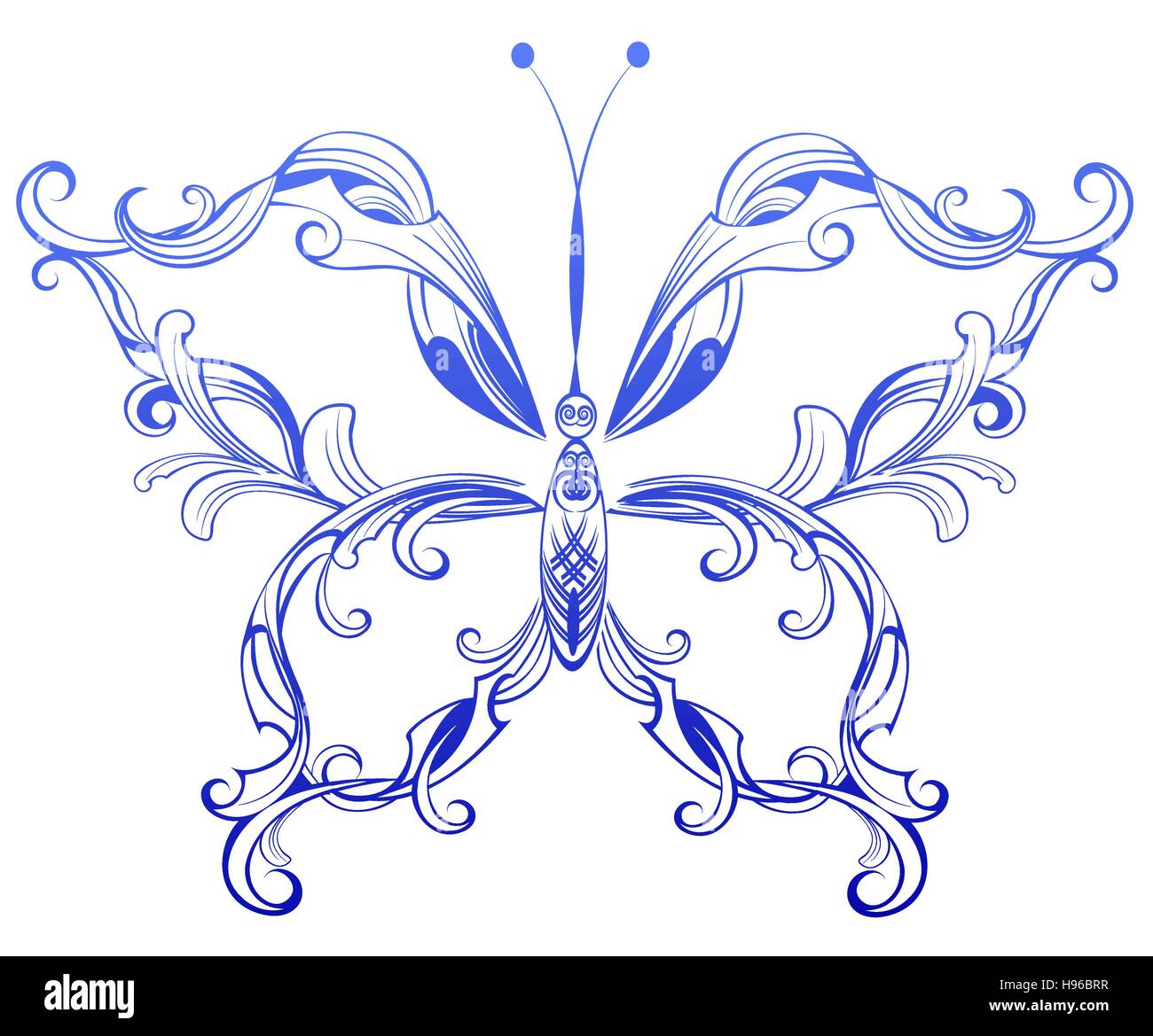 Artistiquement peintes en bleu avec des ailes de papillon à motifs sur fond blanc. Illustration de Vecteur