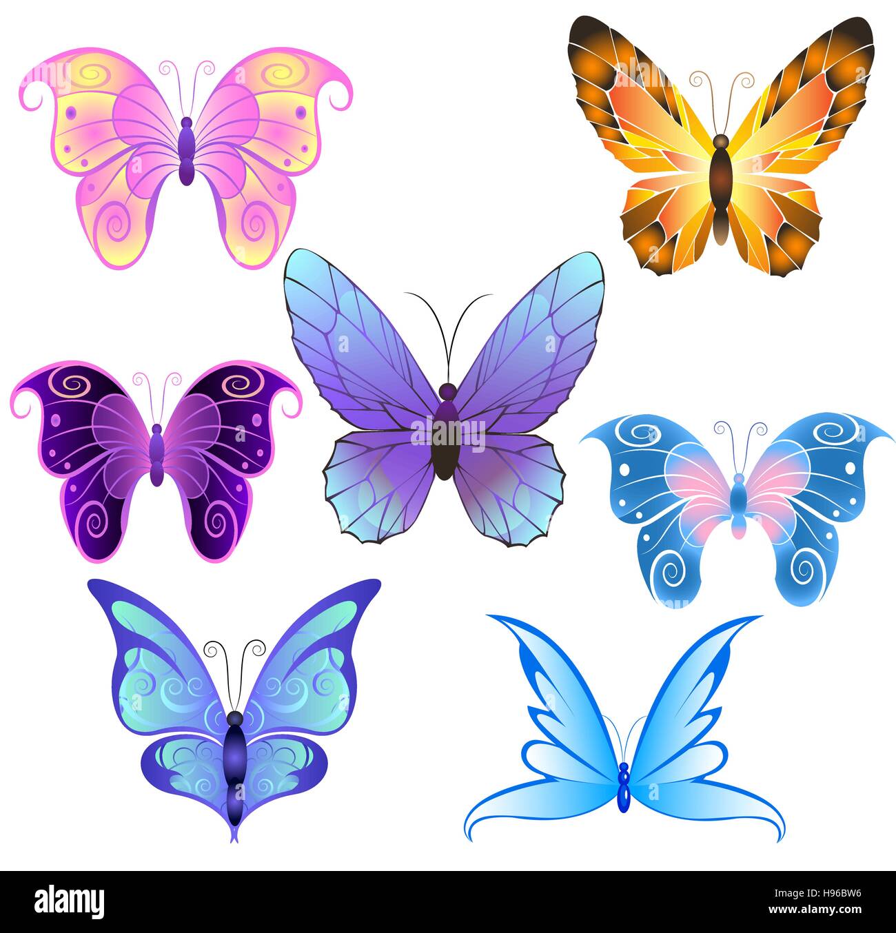 Sept papillons stylisés colorés sur fond blanc. Illustration de Vecteur