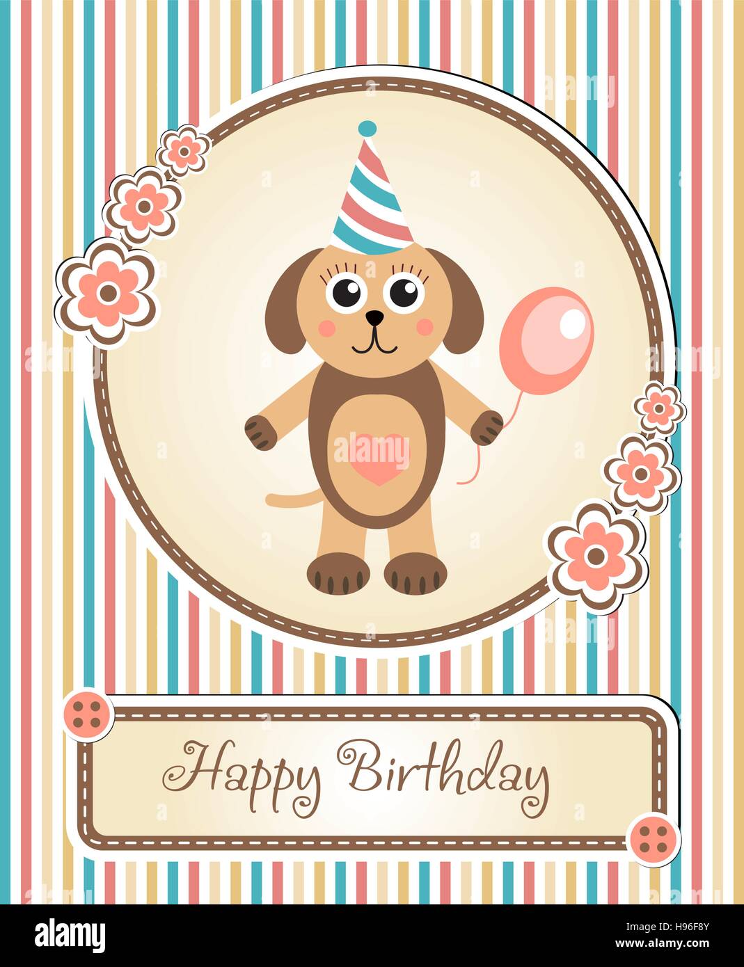 Modèle de message d'anniversaire de l'enfant mignon, cartoon dog puppy Illustration de Vecteur