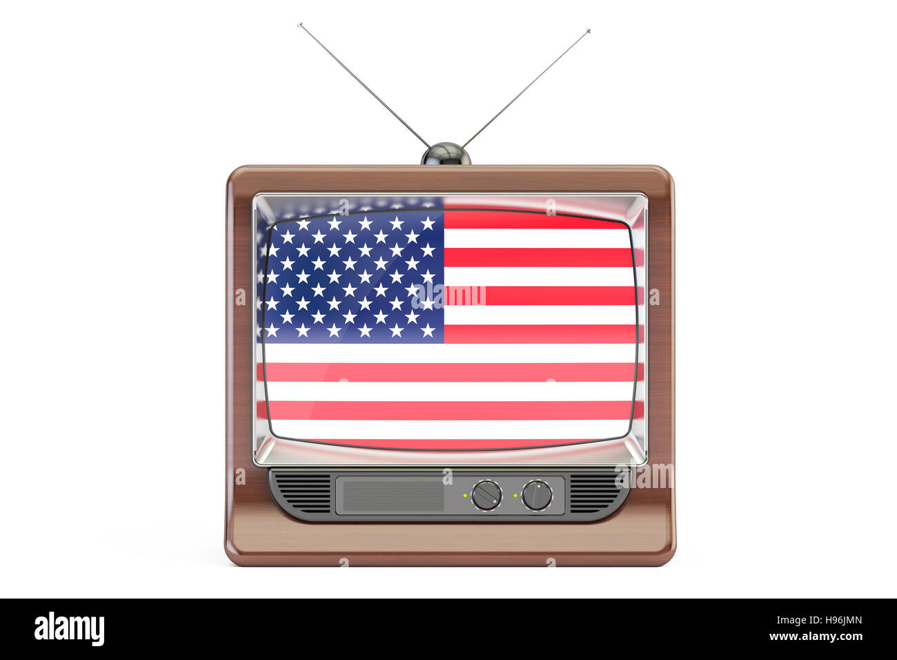 Vieux téléviseur avec le drapeau des Etats-Unis. Concept de la télévision américaine, rendu 3D isolé sur fond blanc Banque D'Images