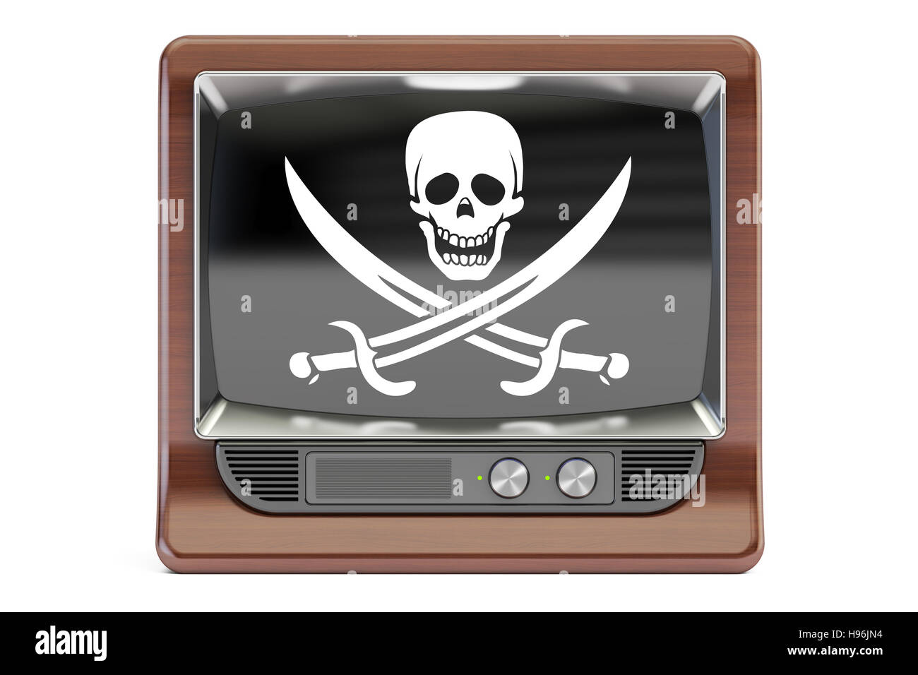 Concept de piraterie, rendu 3D. TV avec drapeau pirate isolé sur fond blanc Banque D'Images Concept de piraterie, rendu 3D. TV avec drapeau pirate isolé sur fond blanc Banque D'Images