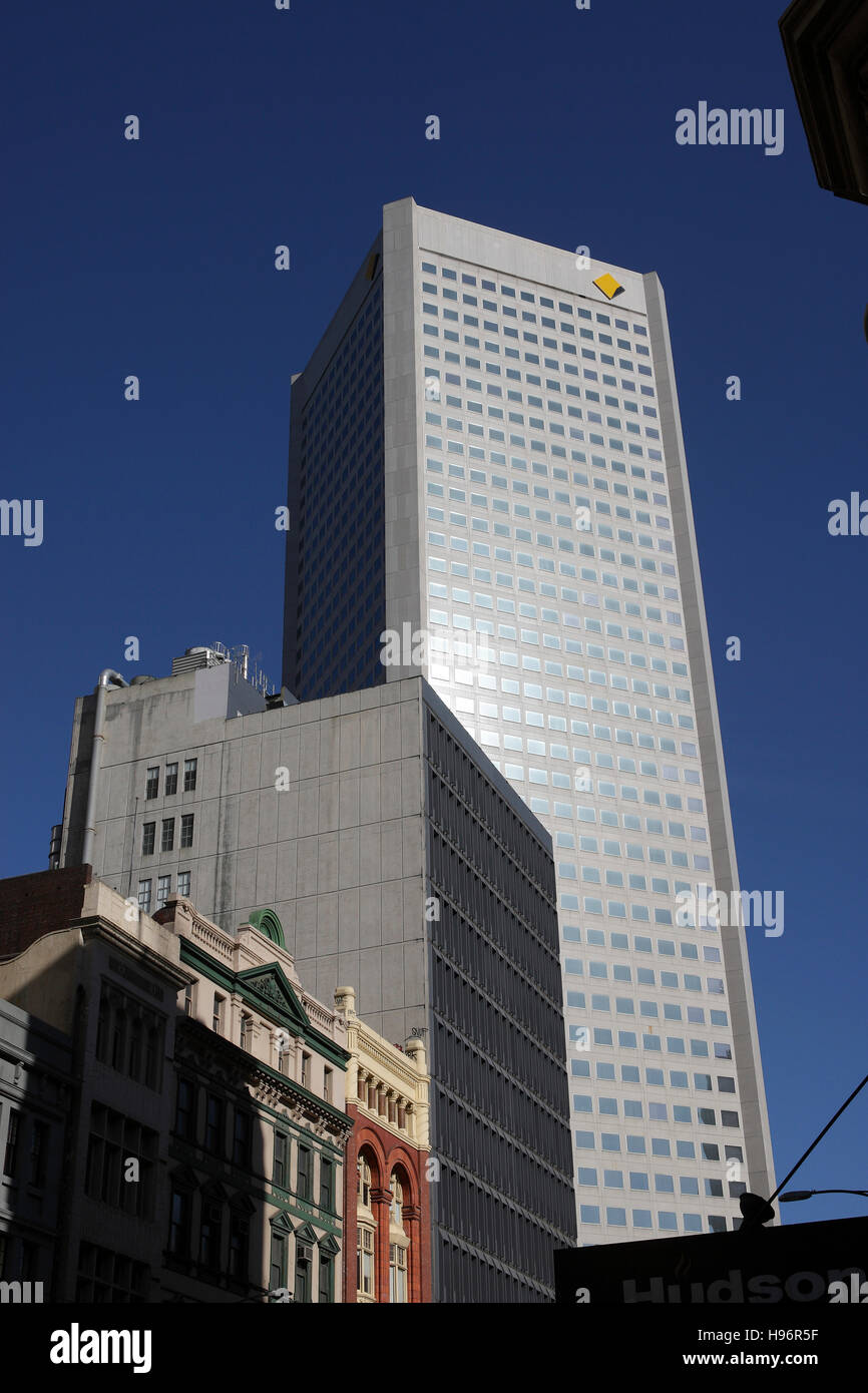 Commonwealth Bank skyscraper avec logo, siège social, Melbourne, Victoria, Australie Banque D'Images