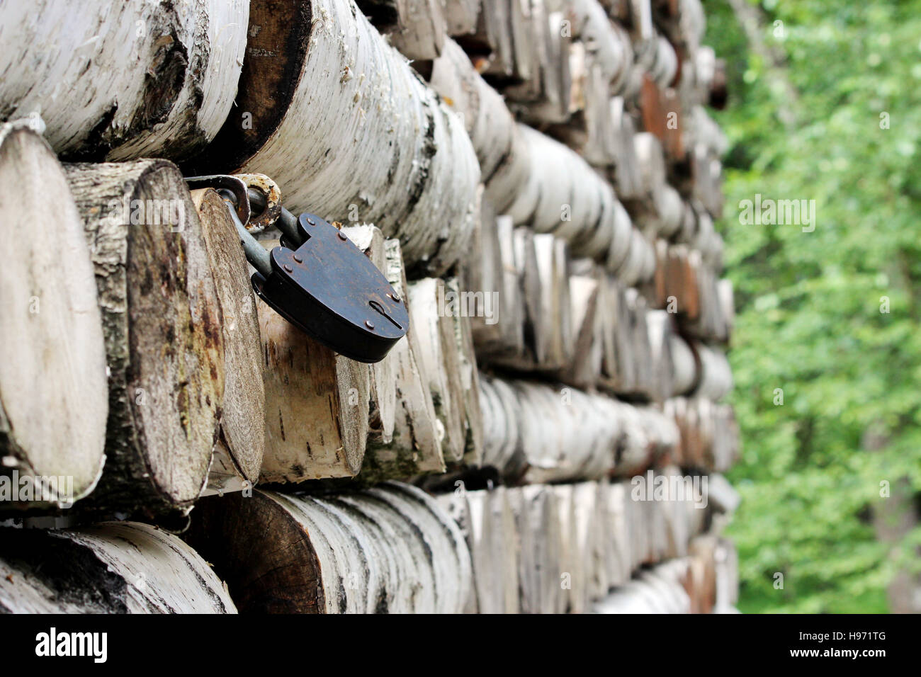 Grumes de bouleau de texture pattern empilés sur les murs de la maison et verrouiller les volets métalliques sur les fenêtres. Banque D'Images