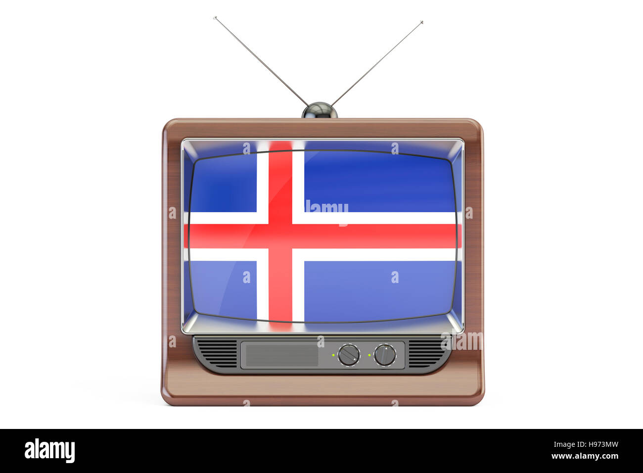Vieux téléviseur avec le drapeau de l'Islande. Concept de la télévision islandaise, rendu 3D isolé sur fond blanc Banque D'Images Vieux téléviseur avec le drapeau de l'Islande. Concept de la télévision islandaise, rendu 3D isolé sur fond blanc Banque D'Images