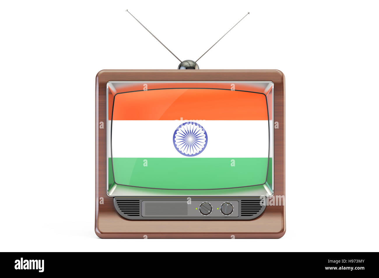 Vieux téléviseur avec drapeau de l'Inde. Concept de la télévision indienne, rendu 3D isolé sur fond blanc Banque D'Images