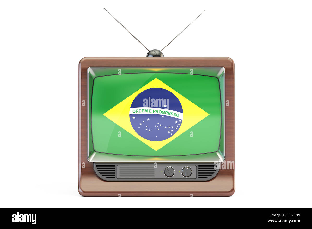 Téléviseur avec drapeau du Brésil. Concept de la télévision brésilienne, rendu 3D isolé sur fond blanc Banque D'Images Téléviseur avec drapeau du Brésil. Concept de la télévision brésilienne, rendu 3D isolé sur fond blanc Banque D'Images