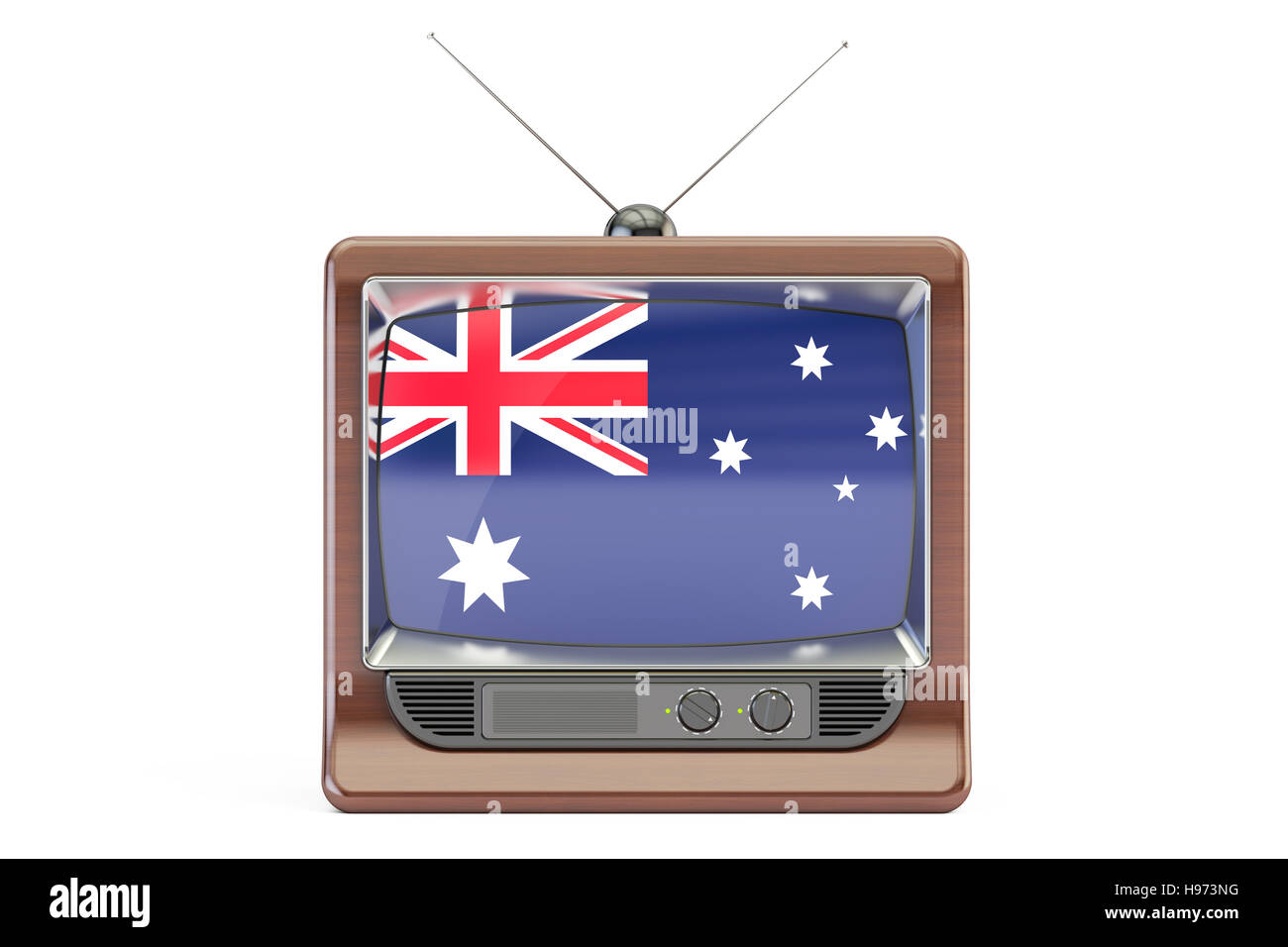 Plat avec le drapeau de l'Australie. Concept de télévision australienne, rendu 3D isolé sur fond blanc Banque D'Images Plat avec le drapeau de l'Australie. Concept de télévision australienne, rendu 3D isolé sur fond blanc Banque D'Images