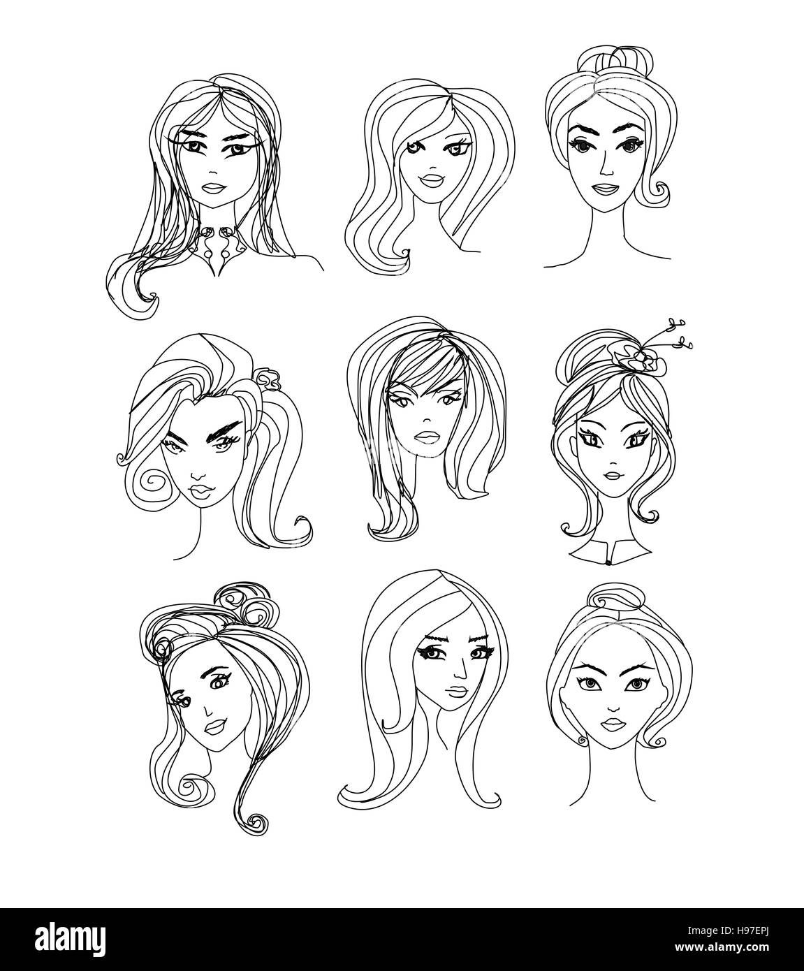Illustration Cartoon noir et blanc de femmes Visages Personnages Set Banque D'Images