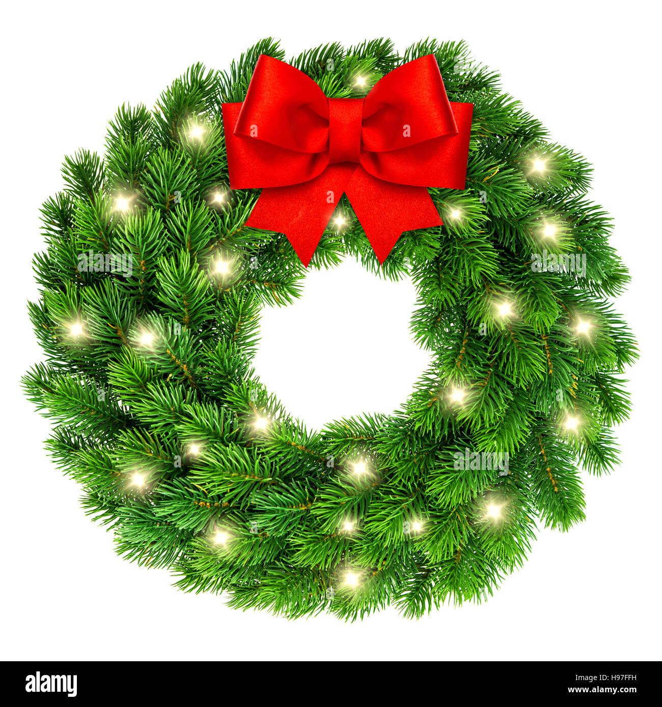 Couronne de Noël avec des lumières et red ribbon bow decoration Banque D'Images