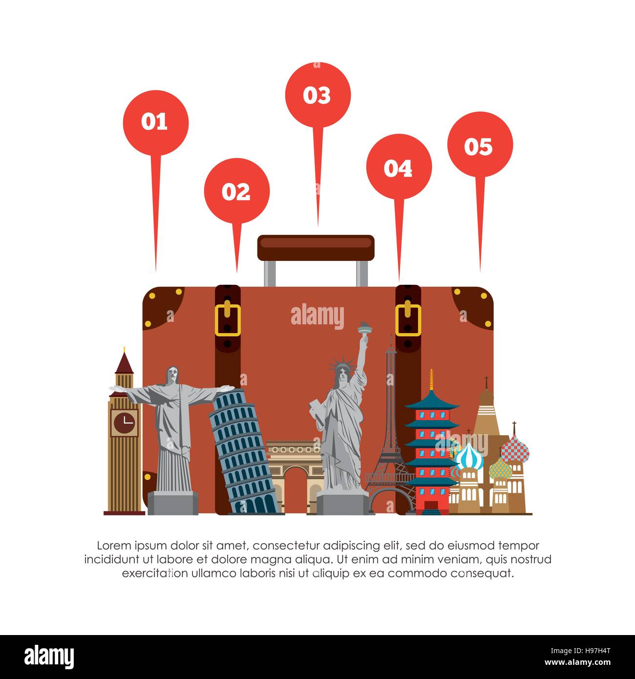 L'infographie avec des monuments emblématiques du monde sur fond blanc