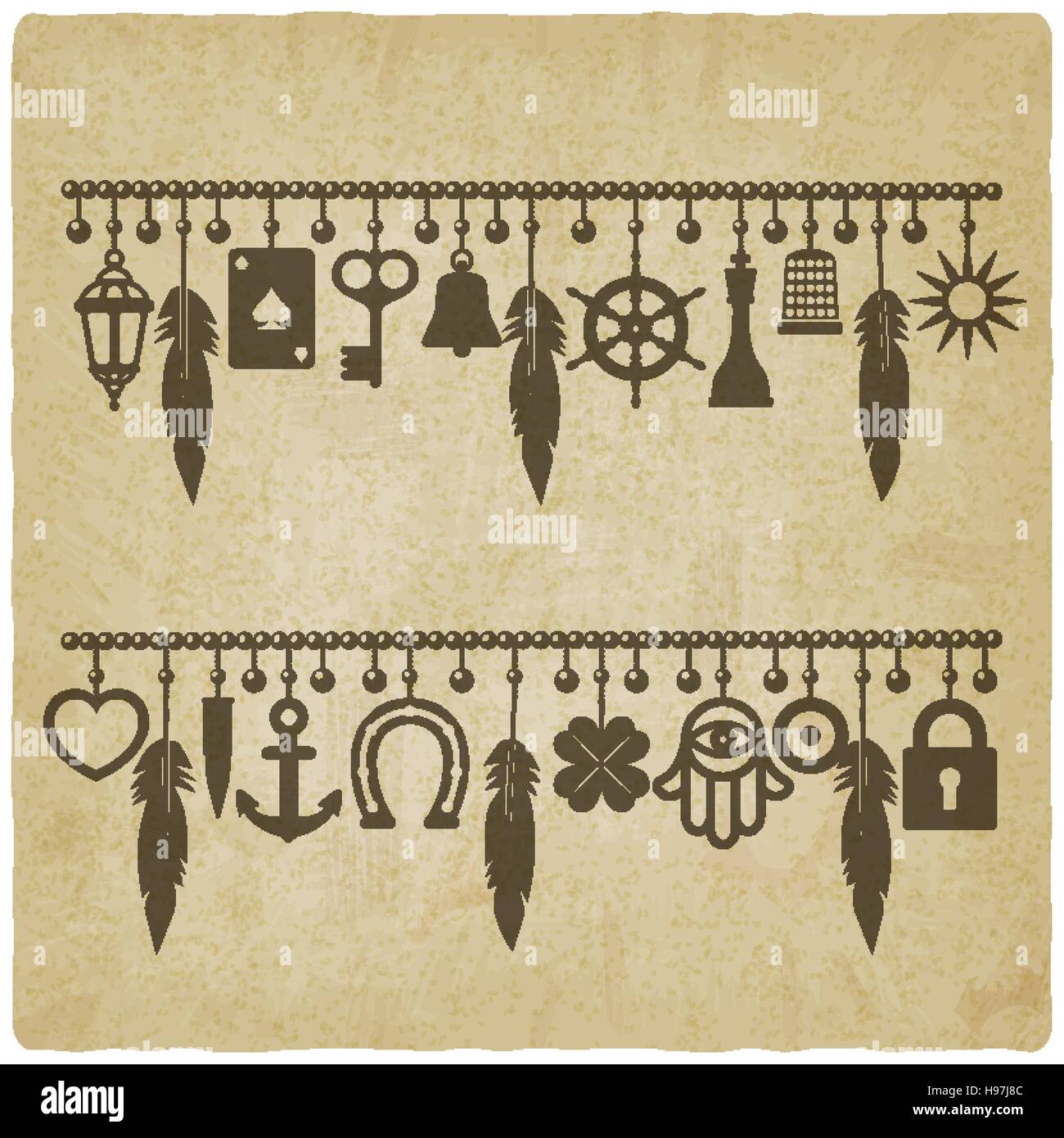 Bracelets de charme avec des symboles de bonne chance vieux fond. Illustration 10 Illustration de Vecteur