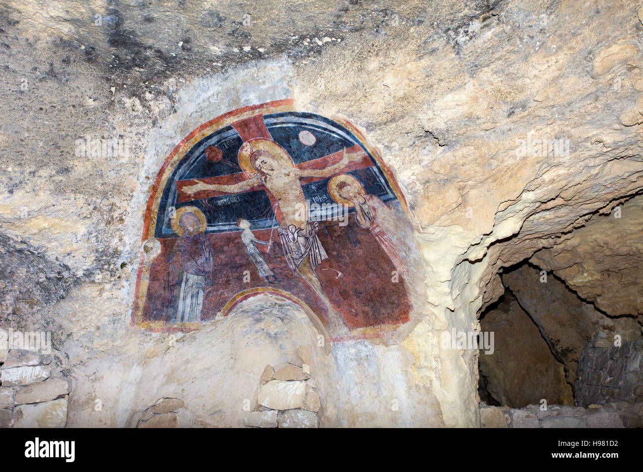 Fresques de l'église de roche de la grotte de Saints dans Licodia Eubea Banque D'Images
