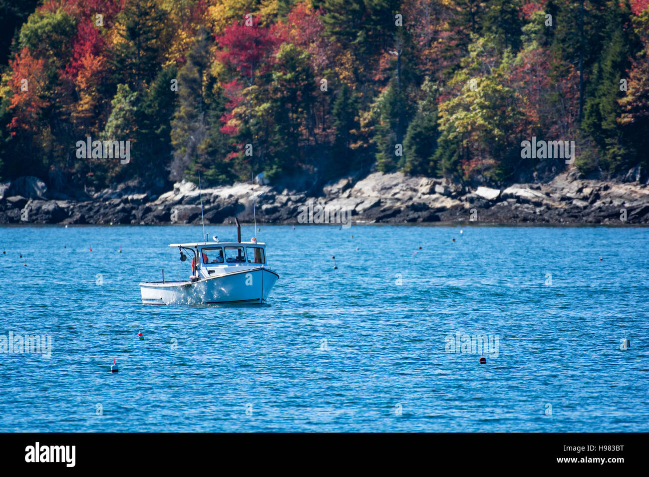 Bateau de pêche au homard à l'automne contre l'eau de l'océan bleu profond sur la côte du Maine, New England Banque D'Images