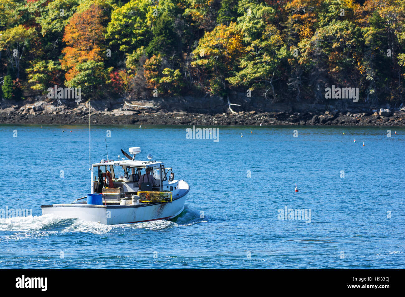 Bateau de pêche au homard à l'automne contre l'eau de l'océan bleu profond sur la côte du Maine, New England Banque D'Images