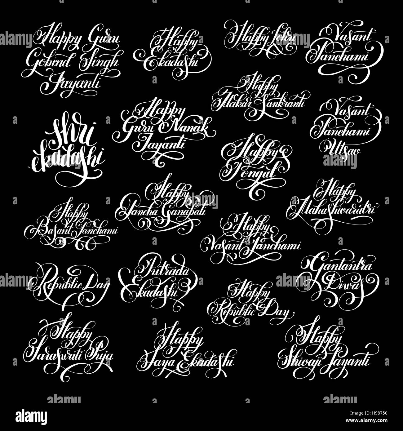 Grand ensemble d'inscription manuscrite à l'encre indienne lettrage winte Illustration de Vecteur