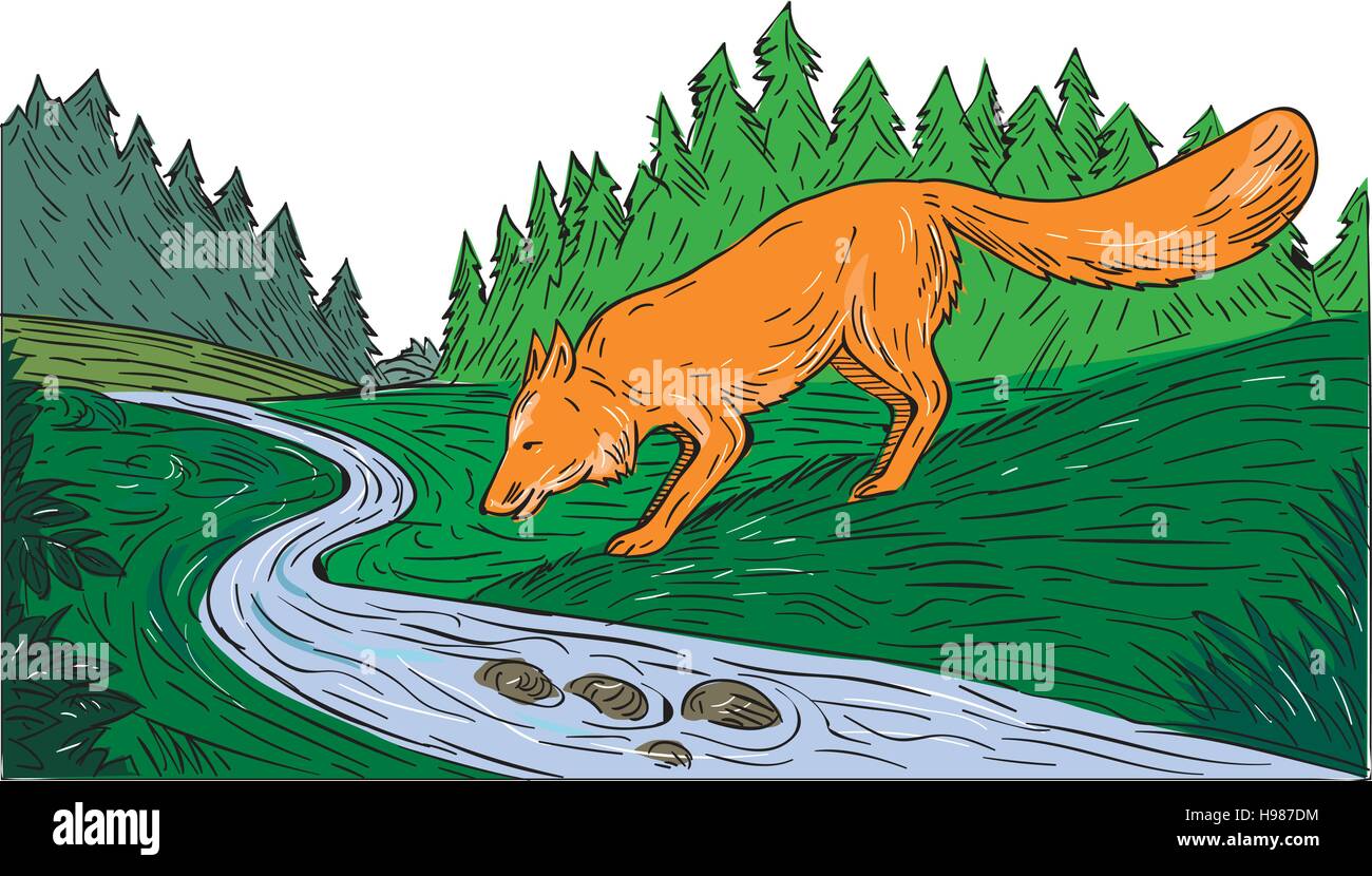 Style croquis dessin illustration d'un fox river creek de potable avec des bois de la forêt d'arbres en arrière-plan. Illustration de Vecteur