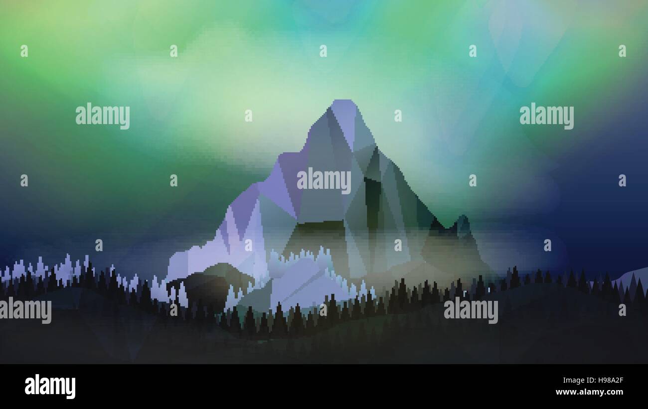 Paysage des montagnes du Nord avec Aurora - Vector Illustration Illustration de Vecteur