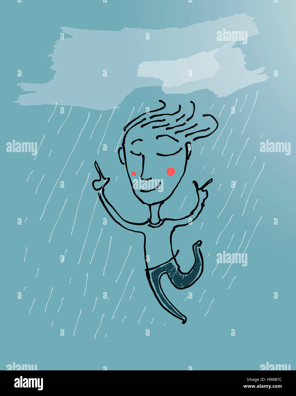 Hand drawn vector illustration ou dessin d'un homme heureux d'exécution sous la pluie Banque D'Images