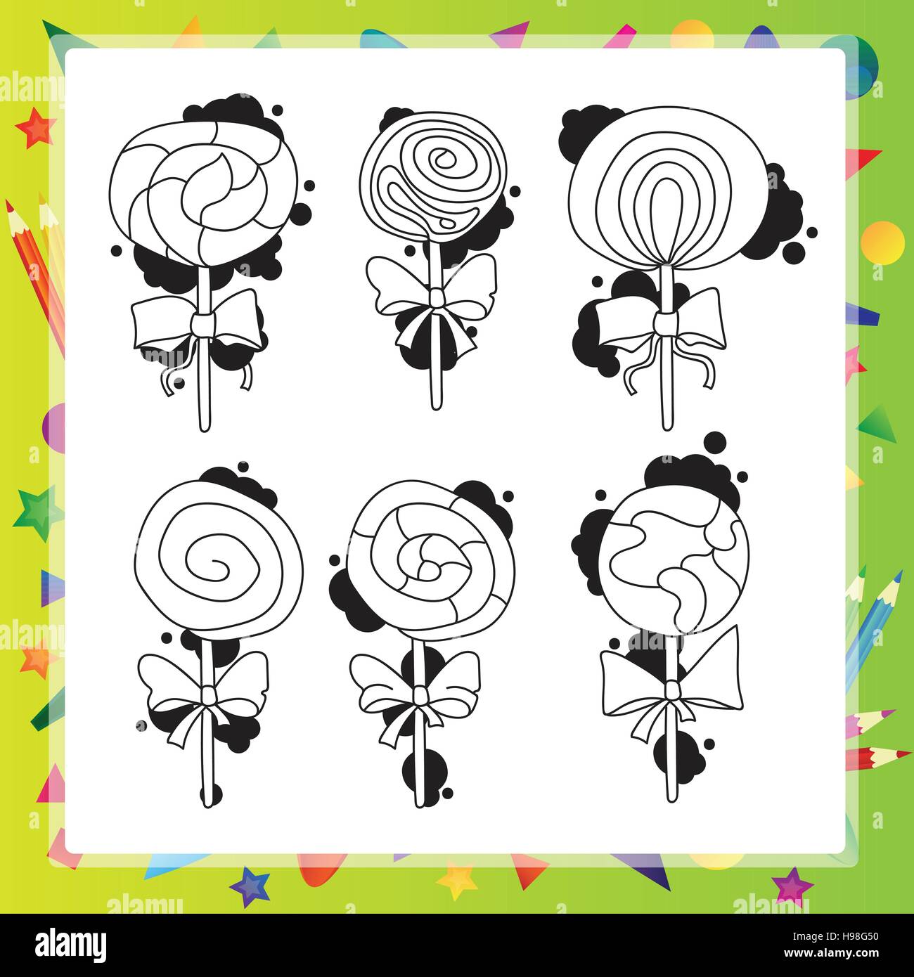 Vector illustration avec cartoon lollipops isolé sur fond blanc - Coloring Book Illustration de Vecteur
