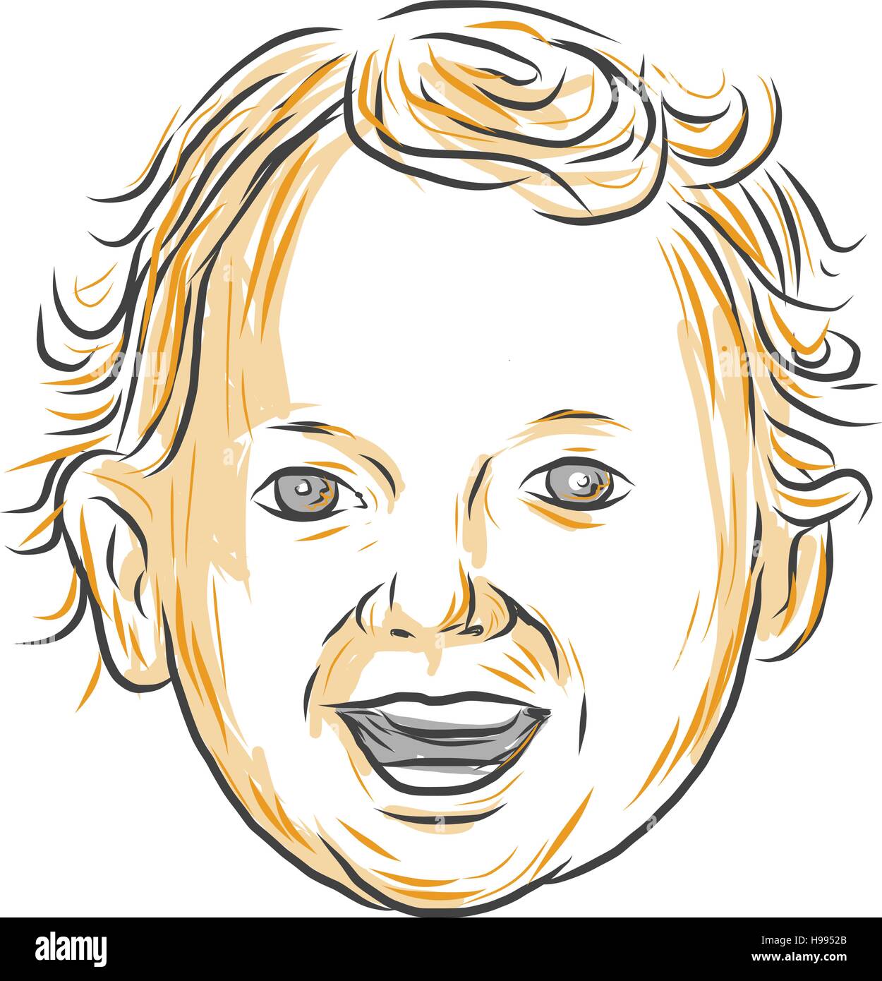 Style croquis dessin illustration d'un enfant de race blanche, âgés de 1 à 3 ans avec des cheveux bouclés smiling vu de l'avant ensemble sur zone blanche isolée Illustration de Vecteur