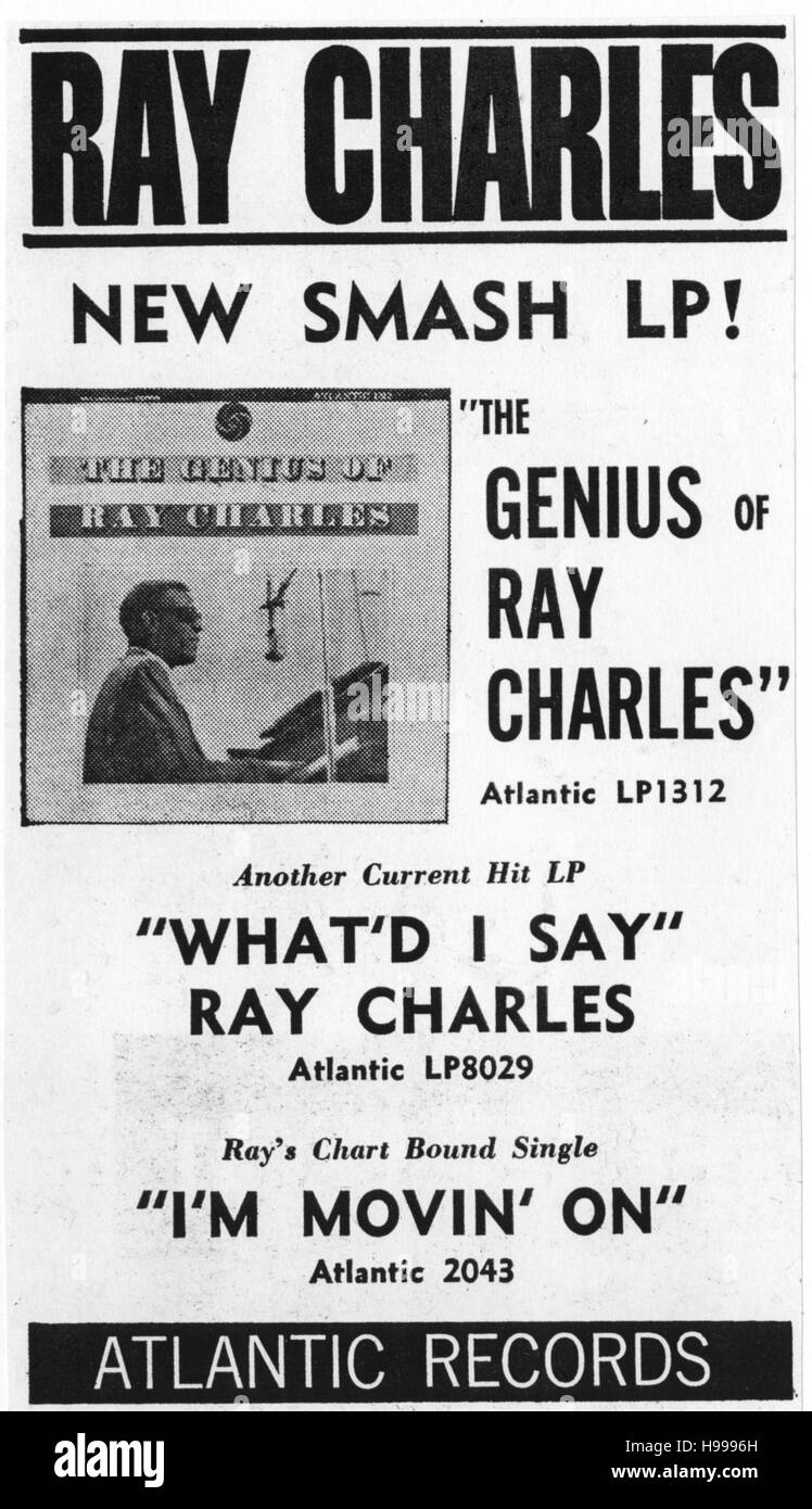 RAY CHARLES avec annonces pour son album 'Le génie de Ray Charles, circa 1960 Banque D'Images