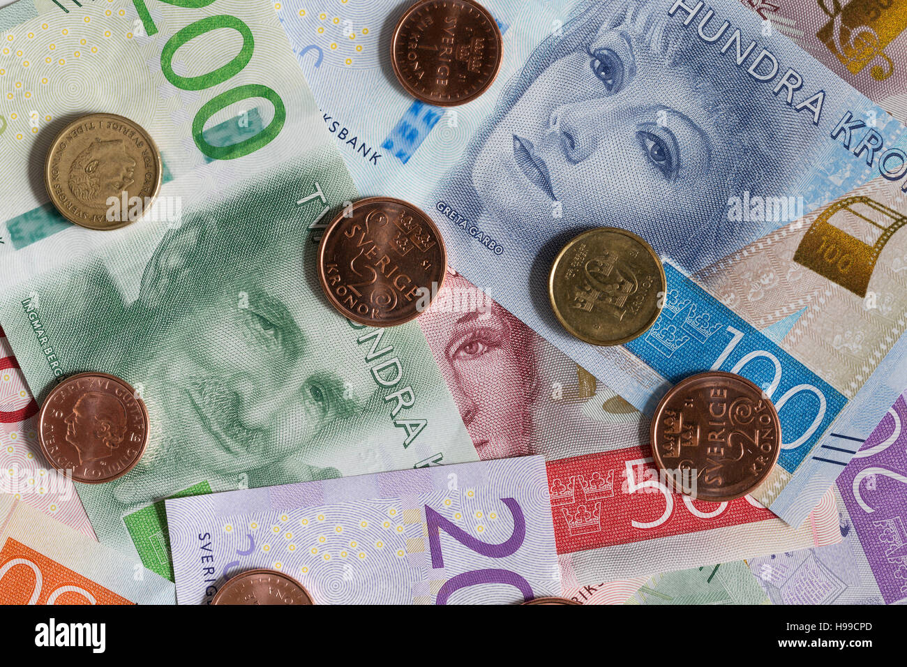 Monnaie suédoise, Notes et Pièces Close Up. Banque D'Images