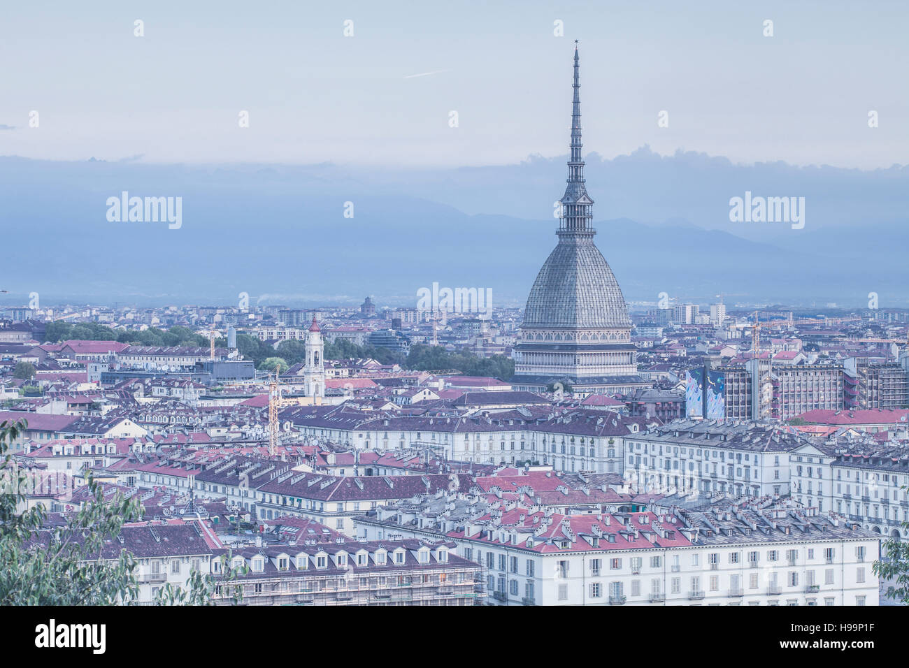 La Mole Antonelliana se lever au-dessus de Turin dans la lumière avant l'aube. Banque D'Images