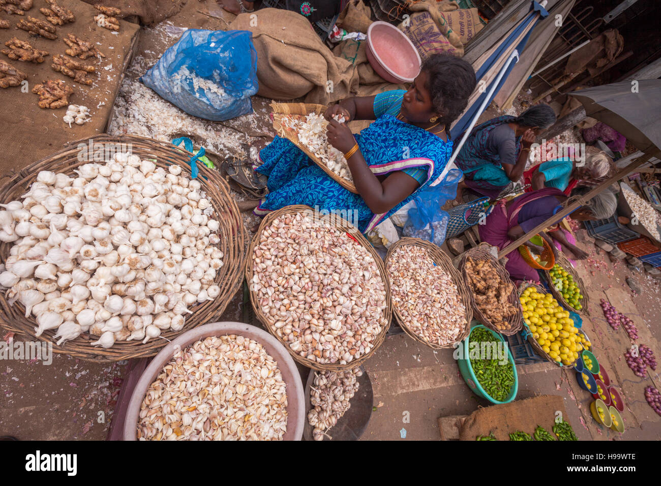 Garelic à vendre à bulbes et forme de girofle dans une stalle dans une rue à Madurai, Inde Banque D'Images