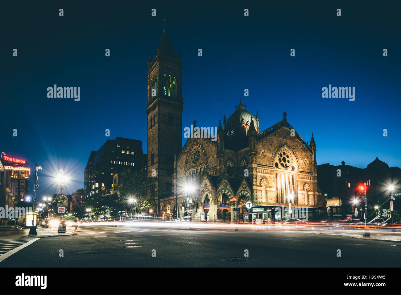 L'ancienne église du Sud la nuit, dans Back Bay, Boston, Massachusetts. Banque D'Images