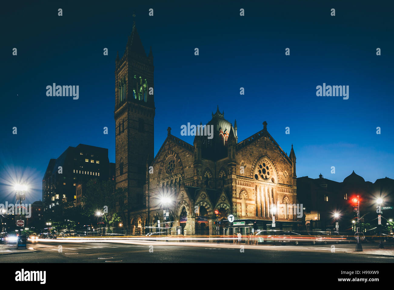 L'ancienne église du Sud la nuit, dans Back Bay, Boston, Massachusetts. Banque D'Images