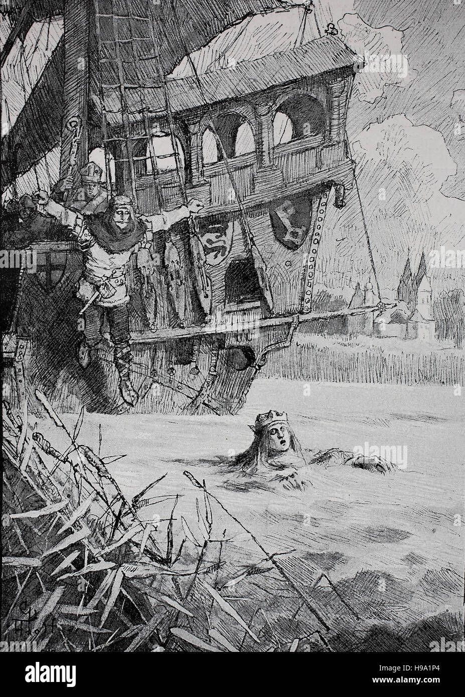 L'empereur Henri IV. plonge dans le Rhin, Henry IV, Heinrich IV, 11 novembre 1050 - 7 août 1106, monté au Roi des Allemands en 1056, l'illustration historique Banque D'Images