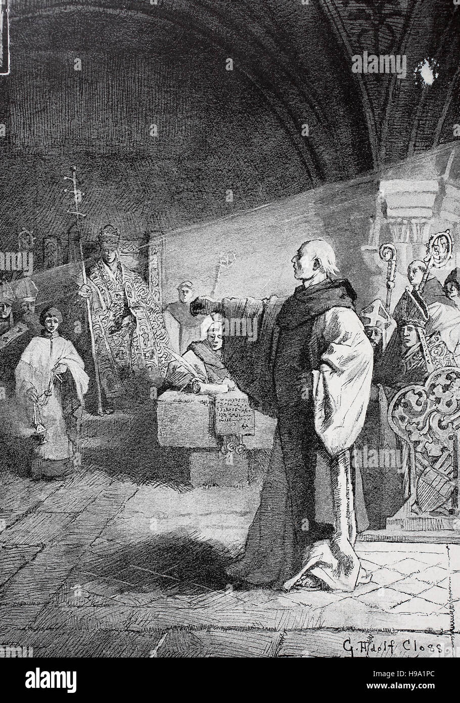 Roland apporte un message de Henry IV, Heinrich IV, 11 novembre 1050 - 7 août 1106, monté au Roi des Allemands en 1056, au pape, illustration historique Banque D'Images