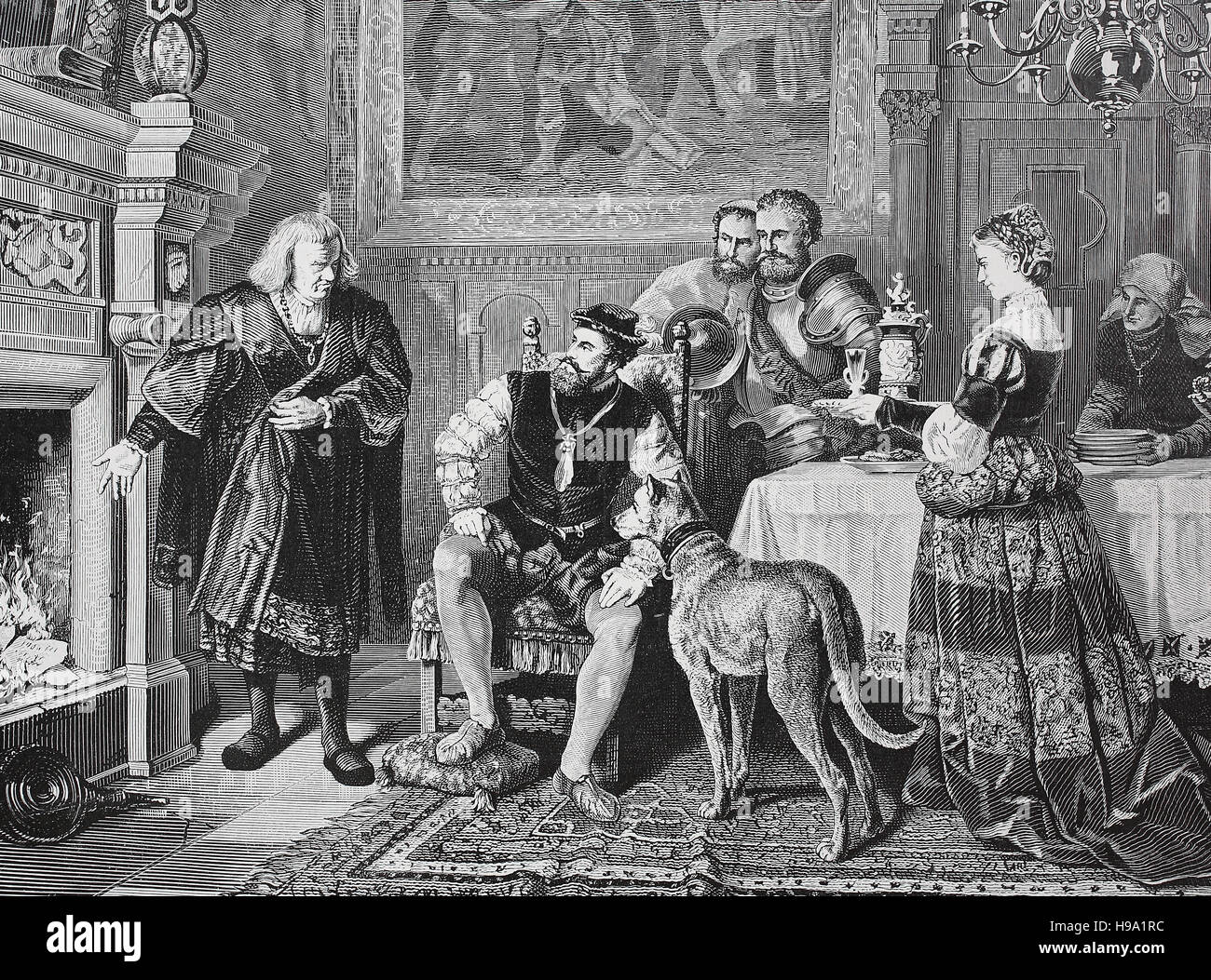 Charles C., Karl, 24 février 1500 - 21 septembre 1558, a été gouverneur de l'Empire espagnol à partir de 1516 et le Saint Empire Romain de 1519, ainsi que des Pays-Bas des Habsbourg à partir de 1506, ici avec Anton Fugger, 10 juin 1493 - 14 septembre 1560, il était un commerçant allemand et membre de la famille Fugger, illustration historique Banque D'Images