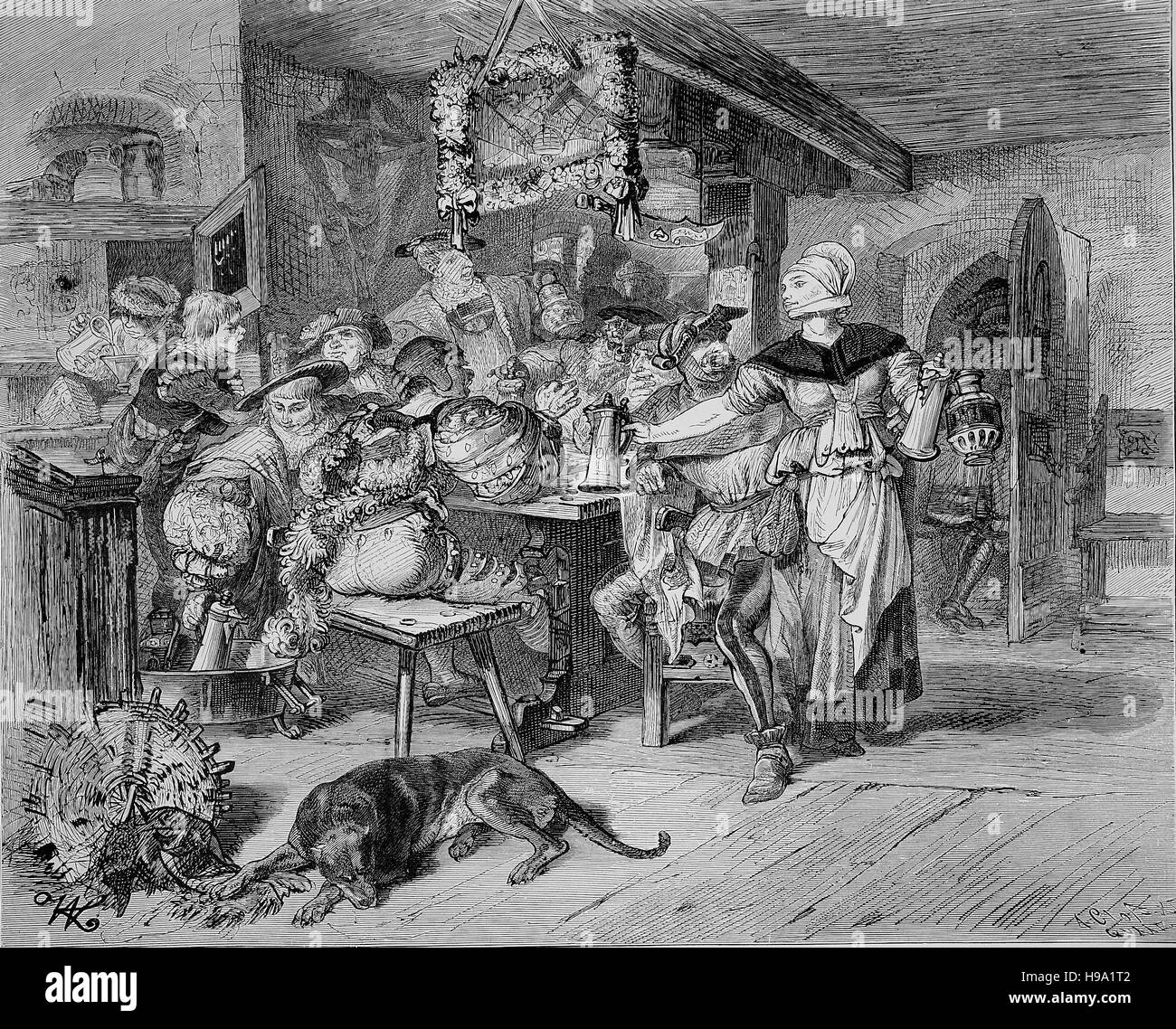 Boozer, Landsknechte de boire dans une auberge dans le Moyen Âge, illustration historique Banque D'Images