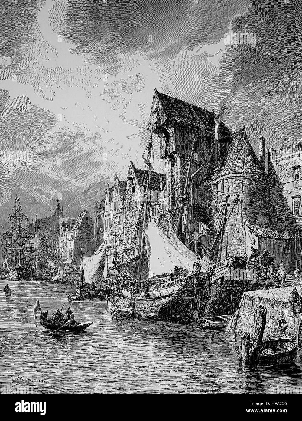 Port de Gdansk, Danzig, Pologne au Moyen-Âge, illustration historique Banque D'Images