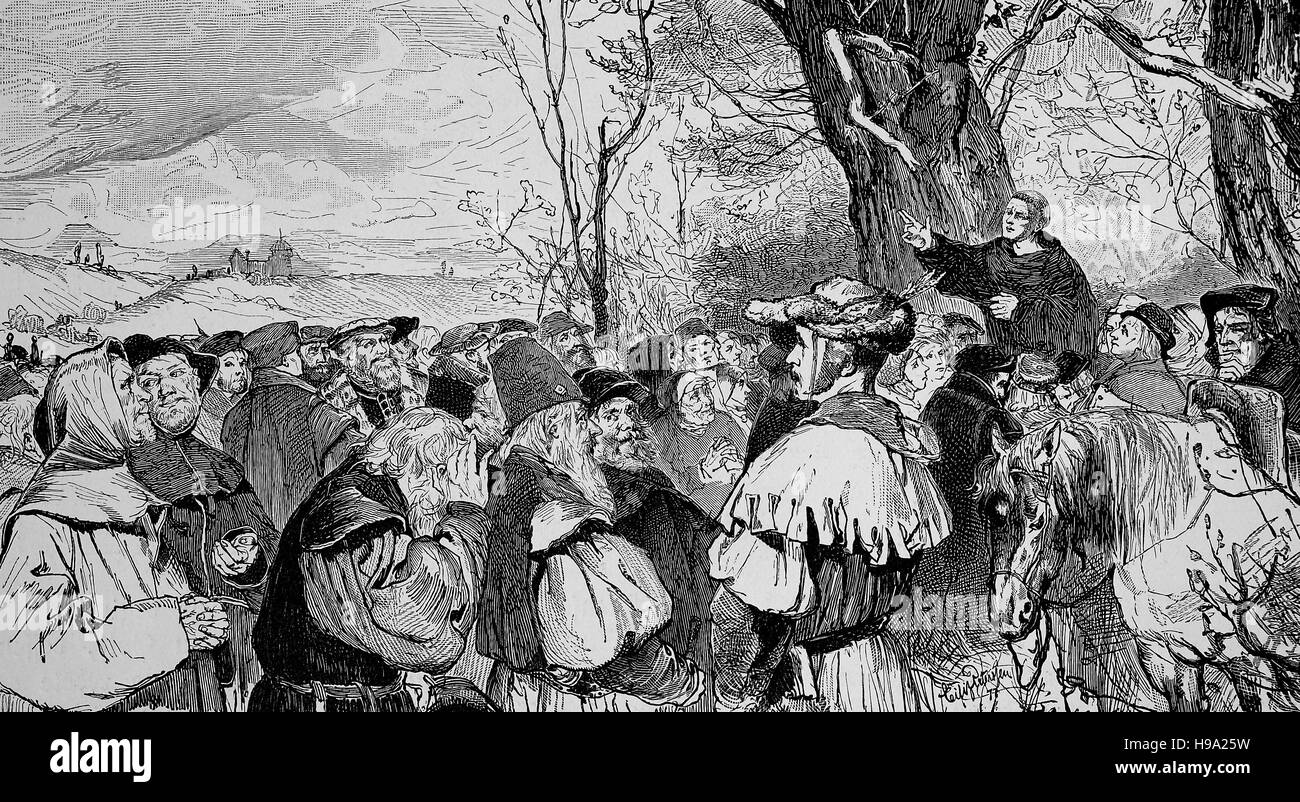 La prédication populaire de Martin Luther à Moehra, Allemagne, 1521, illustration historique Banque D'Images