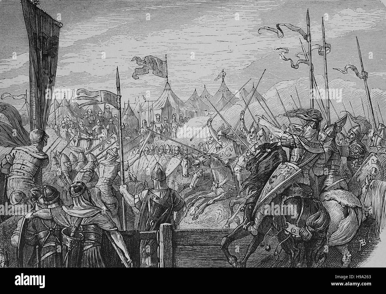 Jeu de combat lors d'un tournoi au début du Moyen Age, illustration historique Banque D'Images