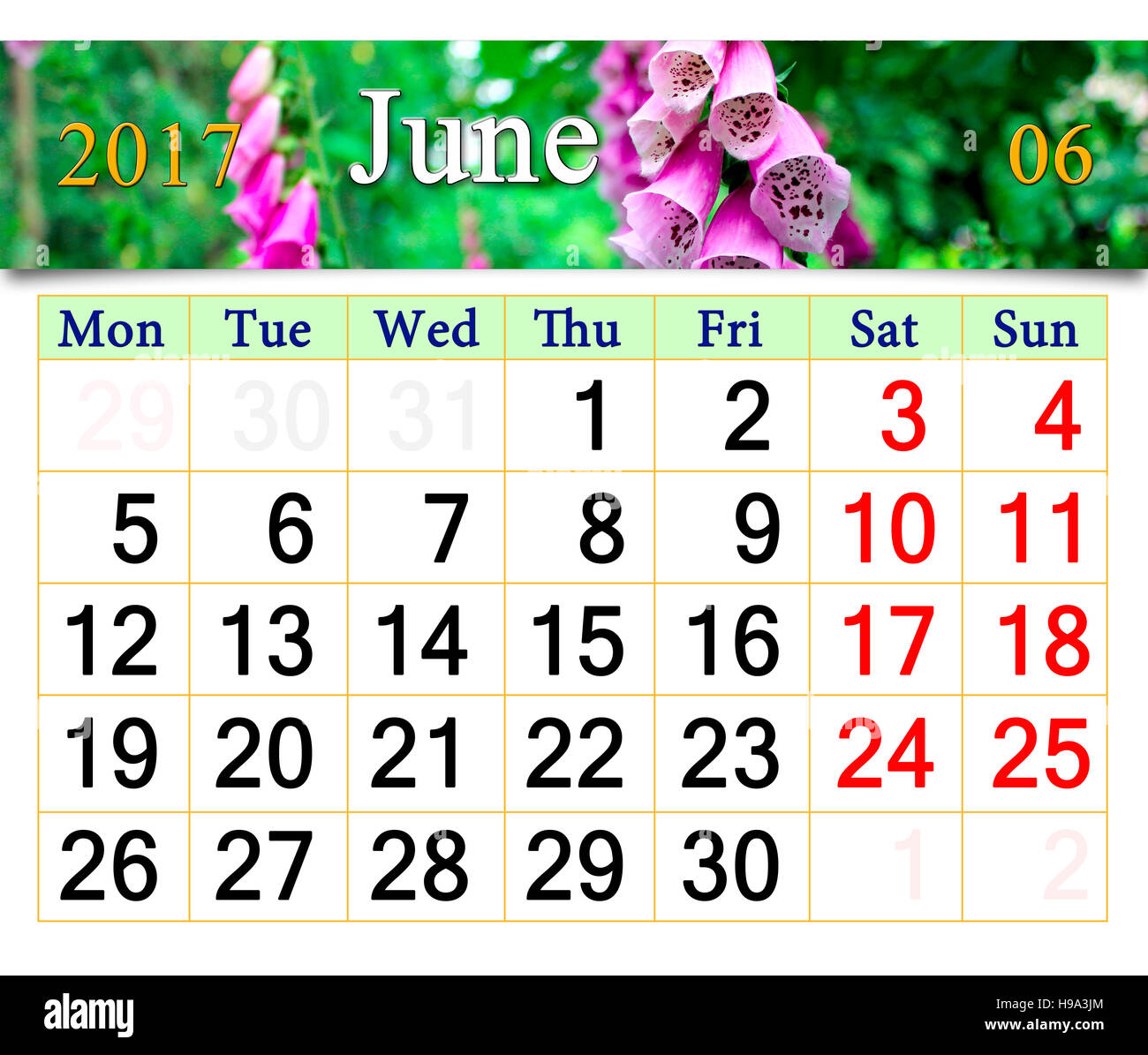 Calendrier de Mai Juin avec des fleurs de fleurs de lilas bluebells Banque D'Images