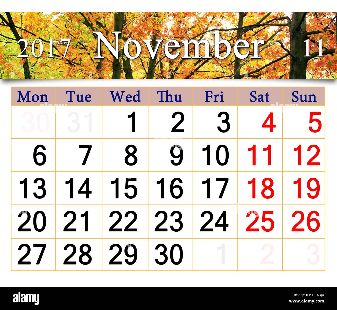 Calendrier de novembre 2017 avec le ruban de feuilles jaunes dans le parc Banque D'Images