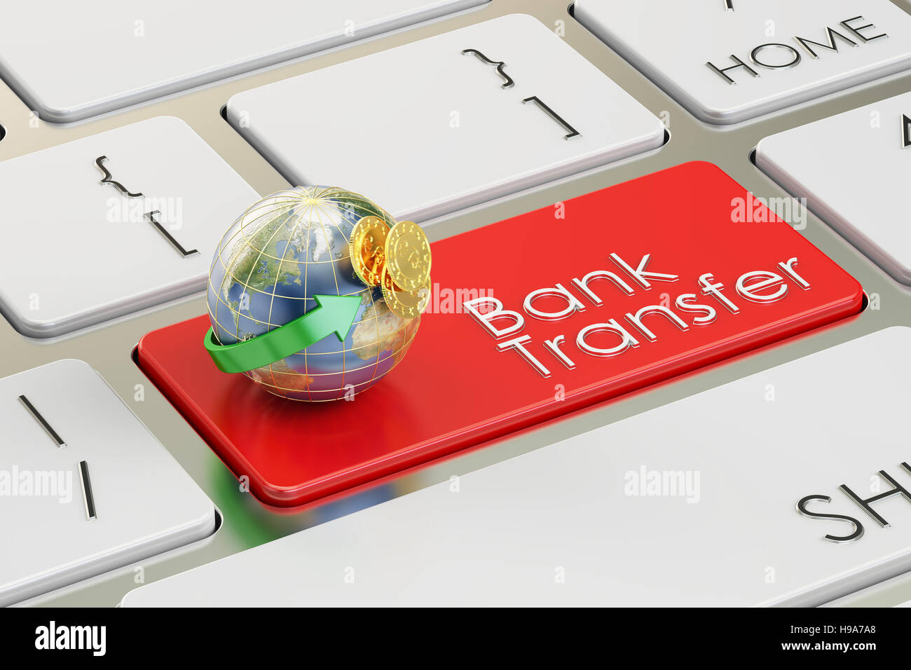 Virement bancaire sur le bouton clavier concept rouge, rendu 3D, 3D Rendering Banque D'Images