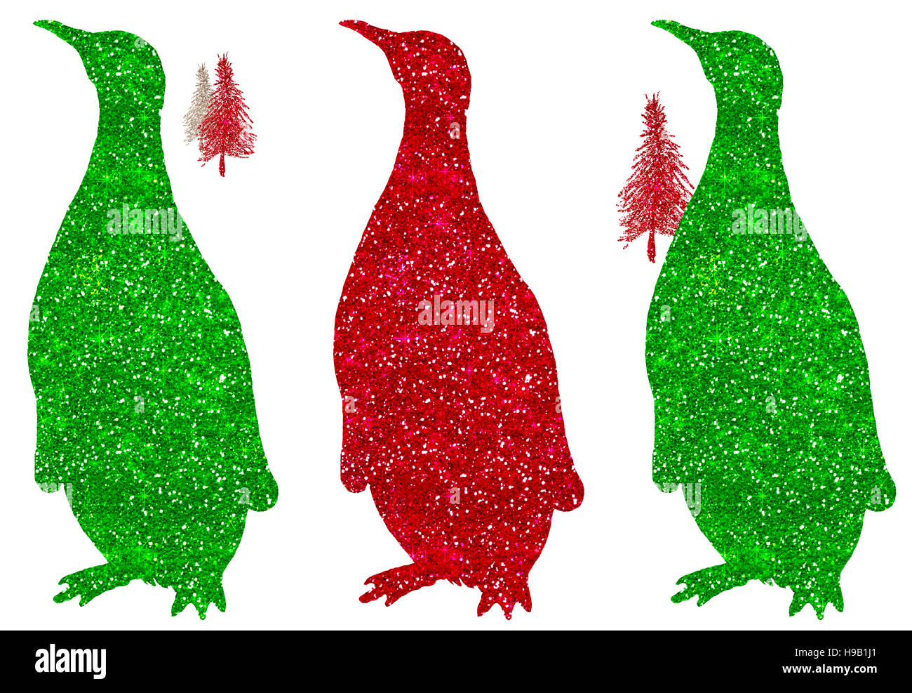 Penguin Red Green Glitter sparkle vacances de Noël Silhouette Banque D'Images
