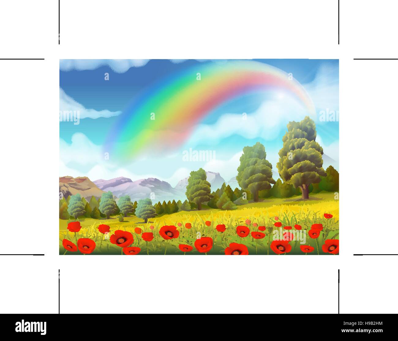 Paysage de printemps, les coquelicots et rainbow vector background Illustration de Vecteur