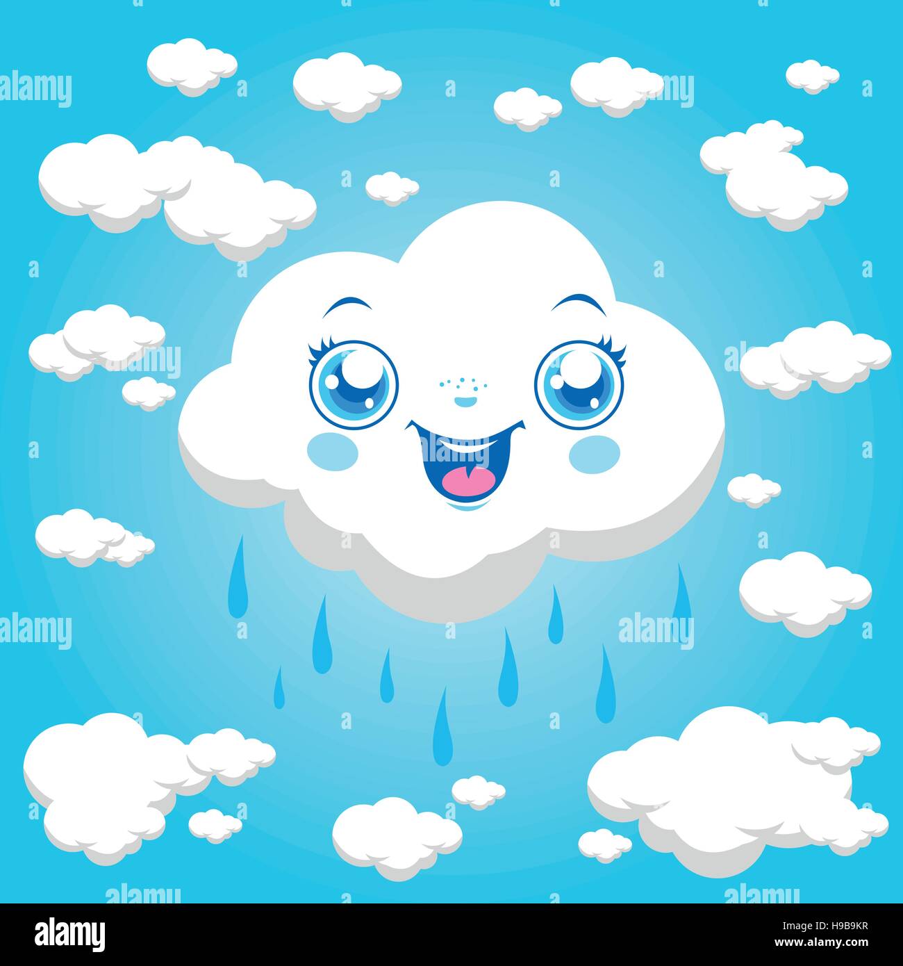 Nuages de dessins animés pleuvent dans le ciel. Fond de ciel de jour de pluie avec de mignons nuages blancs. Illustration vectorielle Illustration de Vecteur