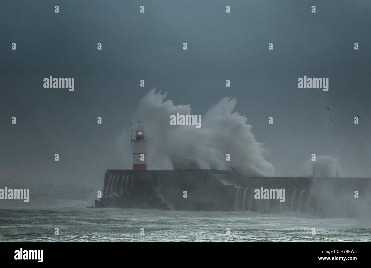 Newlaven, East Sussex, Royaume-Uni. 22 novembre 2016.Waves s'est écrasé au-dessus du phare de West Arm. Banque D'Images