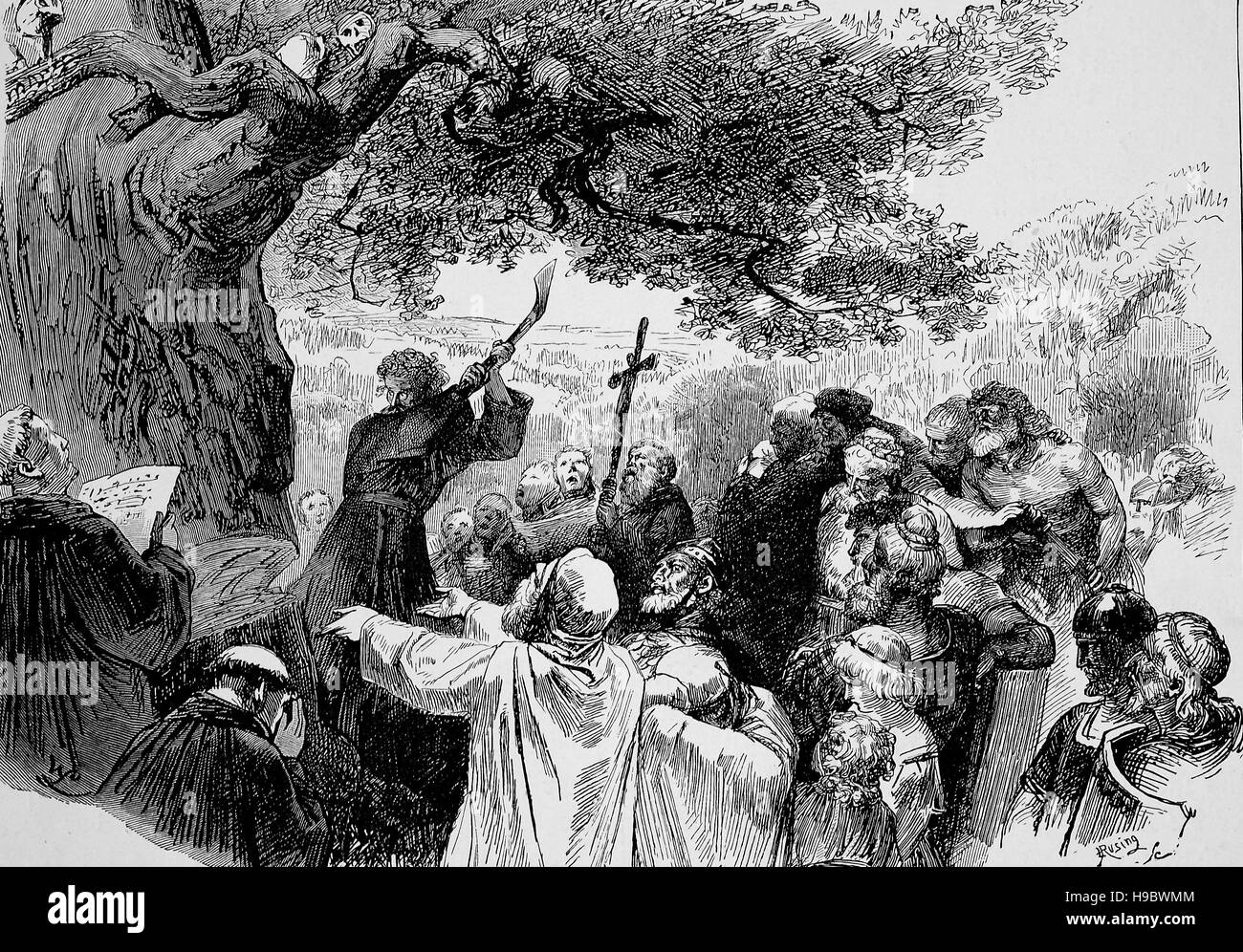 Saint Boniface felling Donar's Oak, Saint-Boniface, Bonifatius, 675 - 754, né, Winfrid Wynfrith, ou Wynfryth dans le royaume de Wessex en Angleterre anglo-saxonne, était une figure de premier plan de la mission de l'anglo-saxonne le Germanique des parties de l'Empire des Francs au cours de la 8e siècle, illustration historique Banque D'Images